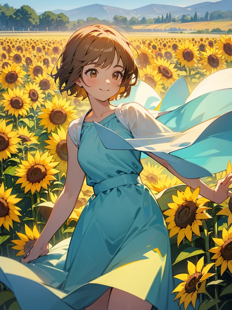  master piece, best quality, for below, cinematic angle, upper body , pigeon toed,  
Anime-style Moe illustration, summer vacation theme, 20-year-old woman, sunflower field, short hair, 
Picnic Maxi Dress, slightly inner thighs, smile, accurate drawing, Active pose, Active Angle, 