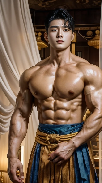 disconsolate,Ambient,artistic conception,large scene,The wind blew up the white curtains,Dattain lamps,Diffuse light,chest muscle,detailed face, Shirtless, stubbles, Sideburns, musculature, Strong handsome korean guy, a golden statue of handsome men god , multiple hands holding some weapons, , Hanfu,Golden blue、Jing Qing Moqing、jackson wang, Plain cherry blue,Junyi,Dignified atmosphere,Temperament,Short hair, Flat-headed beautiful man,The light is gentle,The scene comes to life