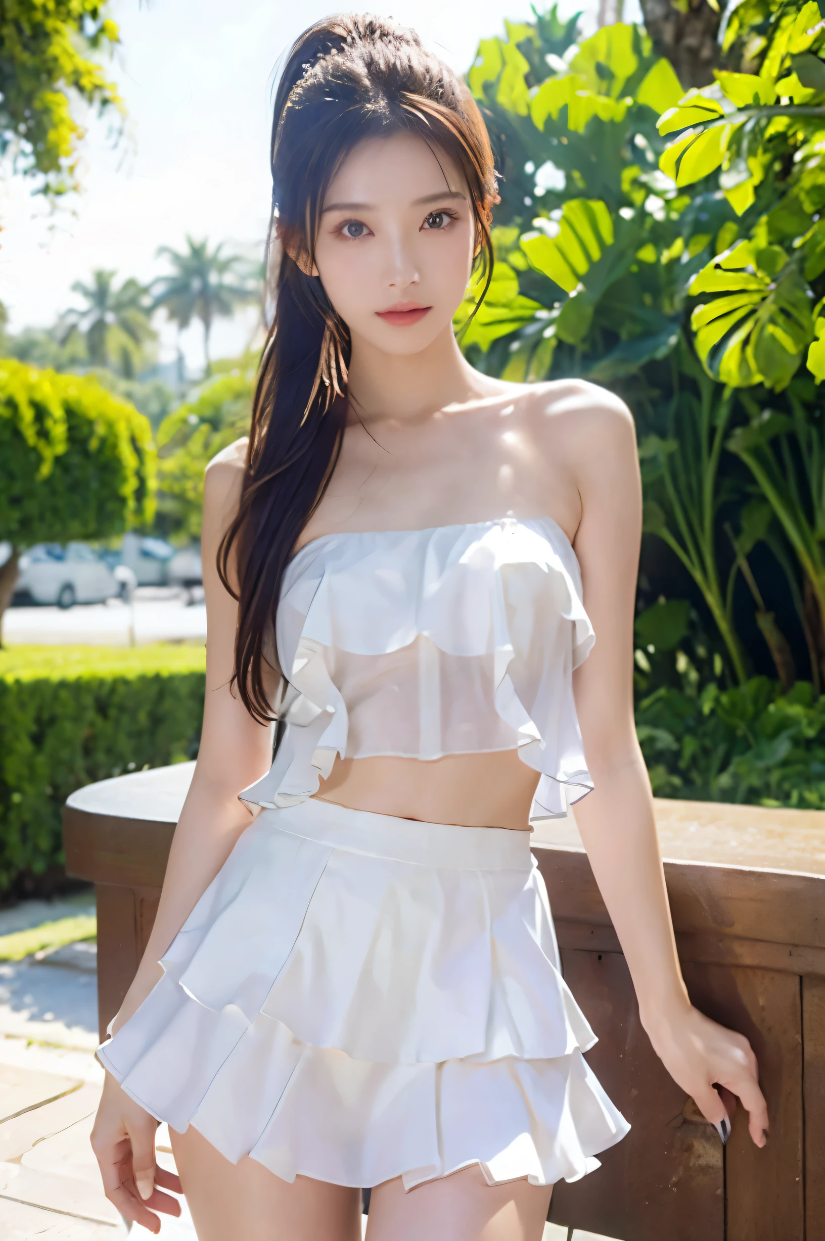 (Ultra HD), (White camisole, White short skirt), Big Breasts, slender, Narrow waist, (The belly button is visible:0.4), whole body, Standing posture, (Clean and shiny skin, White skin), (Super slim face, Super beautiful face, No makeup), (ponytail, Layered Cut, Fluffy hair), (double eyelid, Slanted Eyes), Small Nose, Thin lips, Thin legs, Outdoor