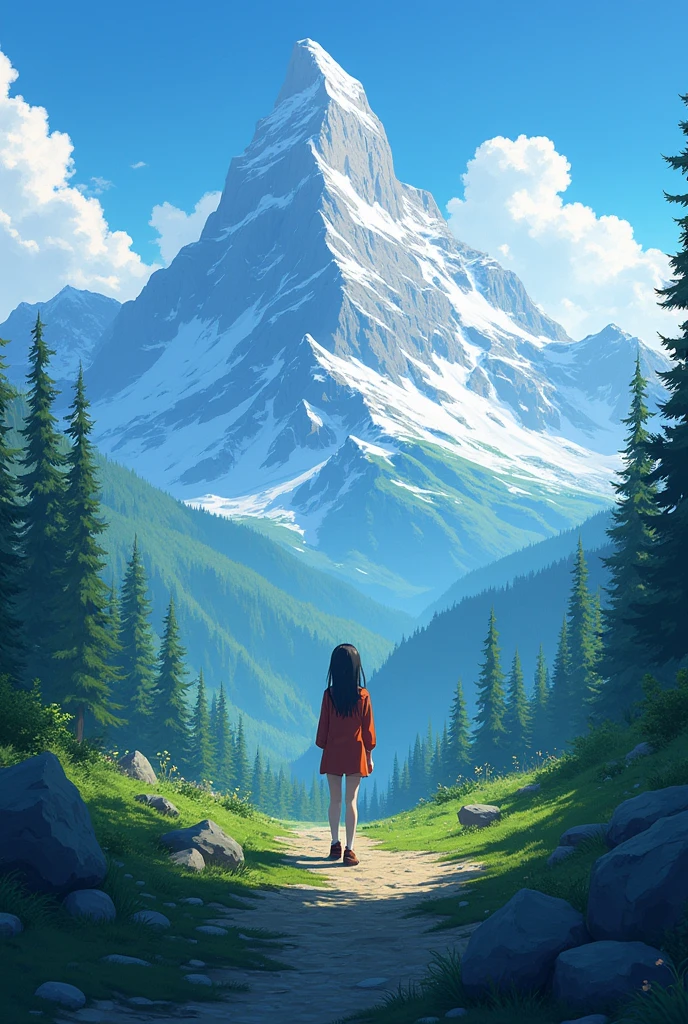 Create a mountain forest scene in which a girl is standing in anime