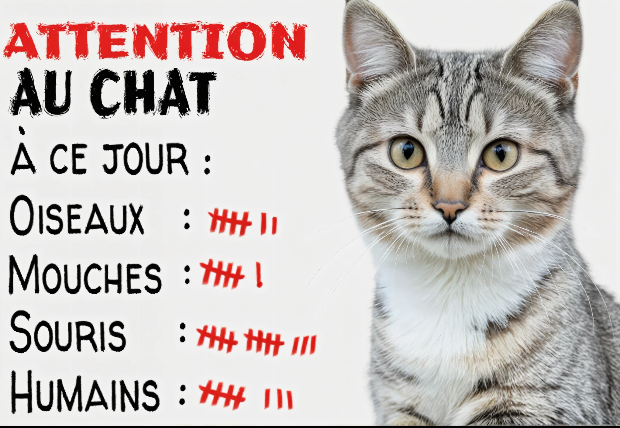 Panneau d'un chat est assis à côté d'inscription de danger, "attension au chat”, Ancien, épaule devant pose, CGNation, Catnet, tension, Adversitement, cats, compte le nombre d'animaux attrapés "A ce jour : Oiseaux 7, Mouches 6, Souris 13, Humains 8", numérotation par des barres