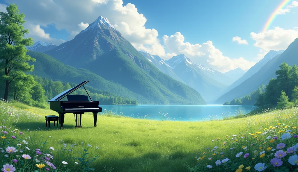 「A black grand piano standing in a lush green field、A rainbow over a lake and a majestic mountain range、Tranquil scenery」
Rainbow Arch Light: Asahi、Soft light season: Summer painting style: Photo style、
others: fog、Colorful flowers、