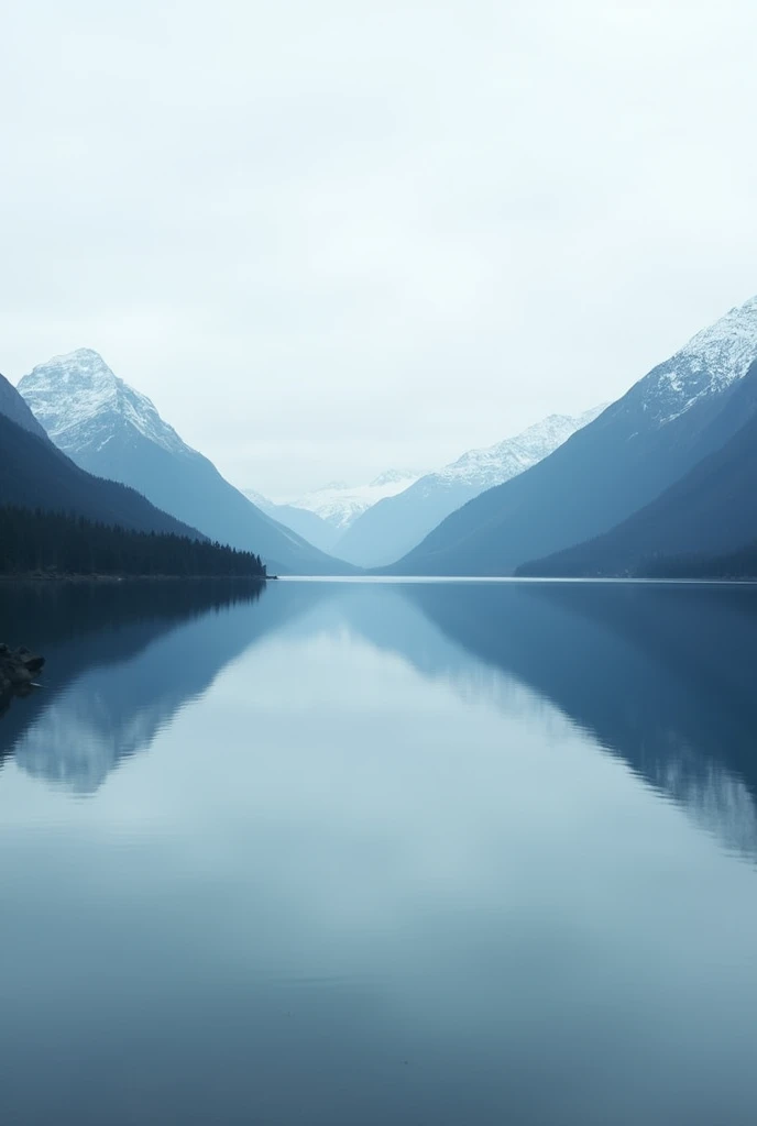Serene lake, reflection, snow-capped mountains, minimalist.