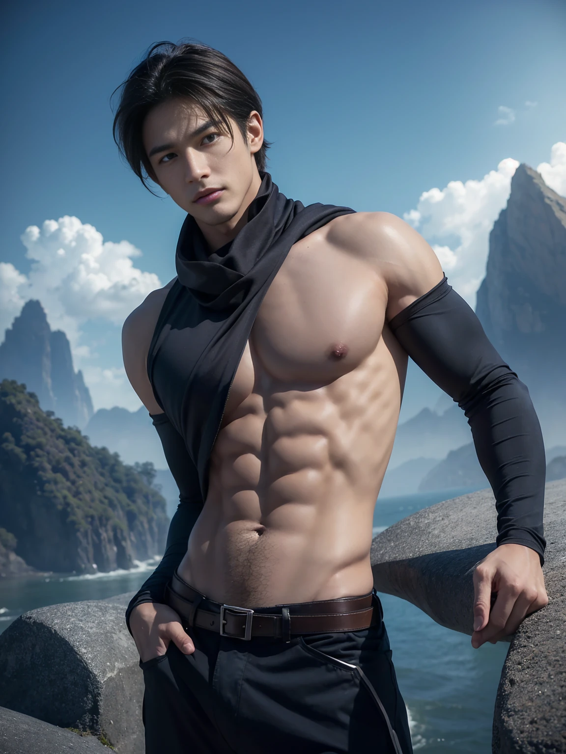 top-quality、masterpiece、超A high resolution、(realisitic:1.4)、Detailed face、solo、1human male、The upper part of the body、Dark hair、glistning skin、dense skin、(asian human)、architectural、(absurderes、hight resolution、ultra-detailliert)、、1 male、Adults、(a 25-year-old man)、a handsome、tall muscular man、broad shoulder、extra very short hair、angular jaws、thick neck、thick eyebrow、extra very short hair、A dark-haired、fine eyes and detailed face、 Highly detailed CG Unity 8K wallpapers、intricate-detail、(Style Swirl Magic:0.7)、looking at the spectator、solo、(full body Esbian:0.6)、Detailed background、A detailed face、dynamicposes、、dynamic compositions、 big muscle、、((((bulge))))、a handsome、 ((masutepiece:1.4, Best Quality)), ((masutepiece, Best Quality)), (photographrealistic:1.orcerer)))、grin, Surfing,、a smirk、Sunny and cloudy sky、(Complex blue long sleeve enchantment costume), scarf, the costume is too much revealing the tskin and thighs, fantasy Library Background:1.2), Photorealistic、cana、magic circles , bare thighs