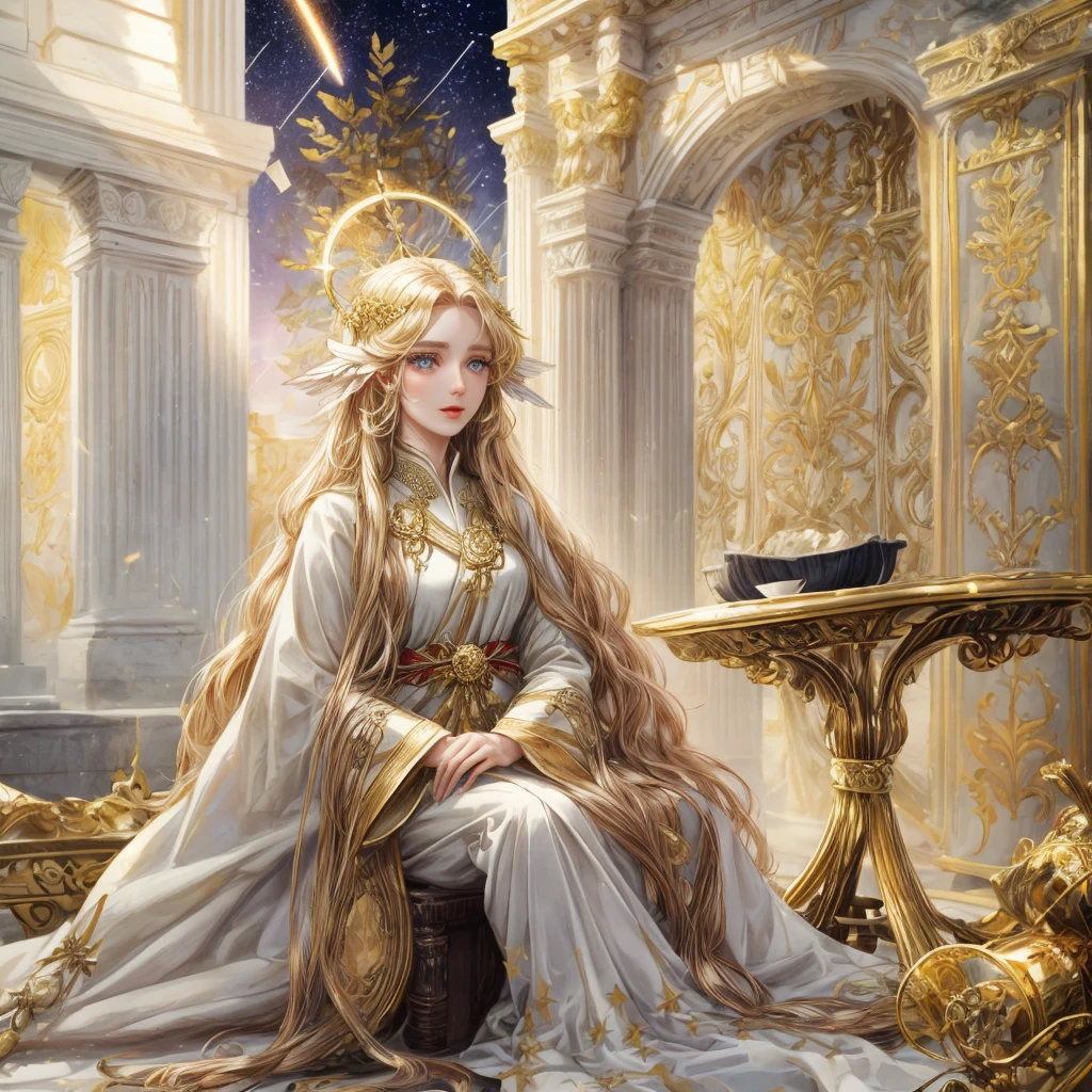 A woman with gold long hair and white pupils, wear an ancient clothes and have a white halo, there's a shooting star on her body, have a gold wing