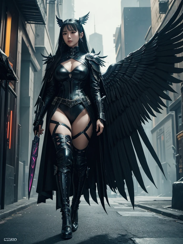 a beautiful latina woman in a black leather outfit and wings walking down a street, cyberpunk art inspired by Chen Yifei, cgsociety contest winner, fantasy art, villainess has black angel wings, seductive cyberpunk dark fantasy, as a mystical valkyrie, very stylish fantasy armor, iu lee ji-eun as a super villain, angel in plastic armor, intricate costume design, fantasy woman