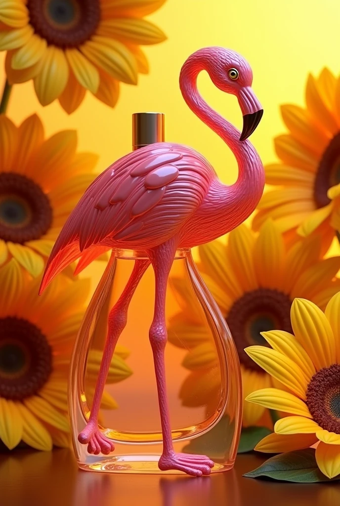 Perfume with flamingo bottle sitting around the bottle elegant and luxury , unique with fruity and sweet notes, flamingo with sunflower flowers