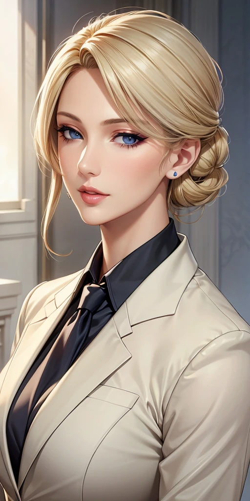 Elegant mature woman, milf, blue eyes, blonde hair, soft light, 4k resolution, high quality, beautiful cg