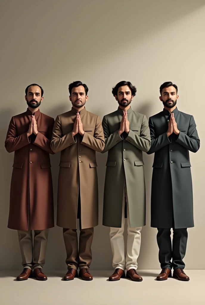 Four men wear coat and pant and who do namaste
