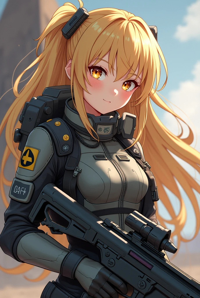 anime girl, sci-fi, military, engineer, pilot, golden eyes, long hair, blonde, advanced weapons