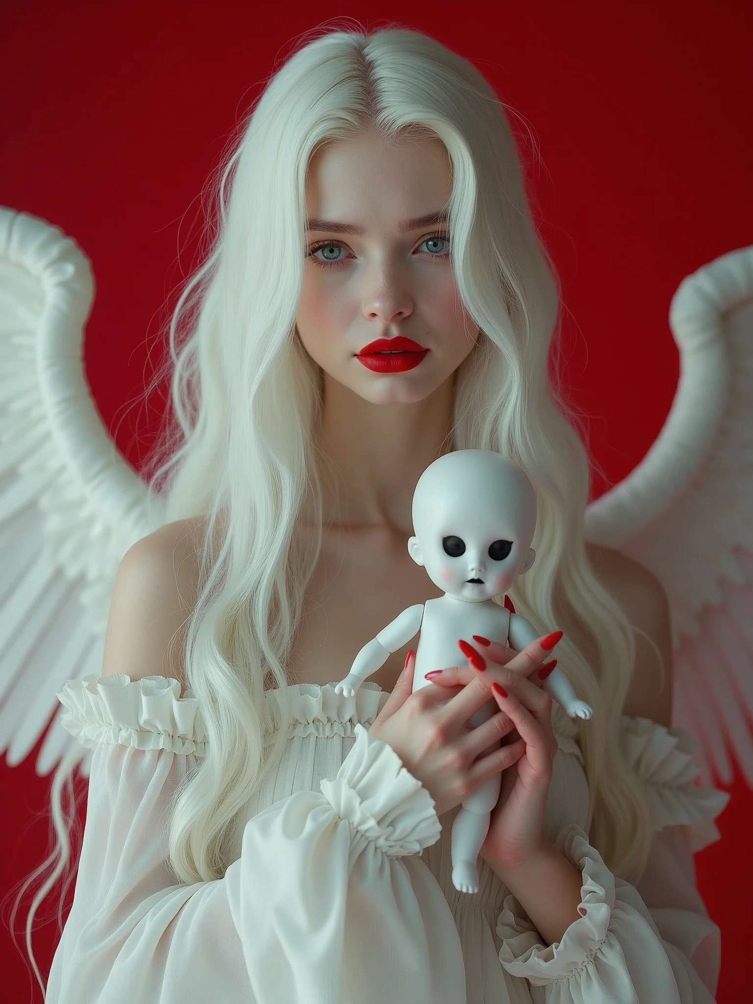 a woman with long white hair and red lipstick, embrace porcelain doll, pale snow white skin, photoreal, portrait sophie mudd, beautiful necromancer girl, character design : : gothic, marie antoinette, monochromatic red, white wolf, kami, ava max, white wings