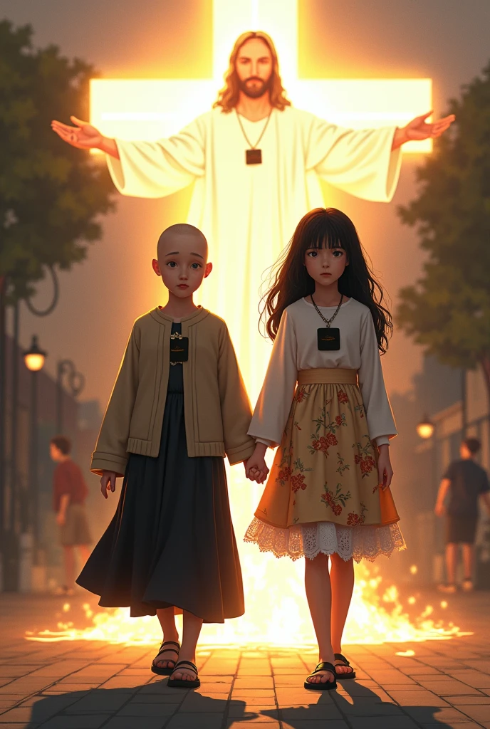 Missionary girls walking down the street and behind them is Jesus Christ lighting. That the girls are just two and without people behind them and that they have different styles, one of them is bald with an elegant dress with a big sweater and that she has a black badge on her side.. The other one should have black hair, also with a flowery dress, and also have a black plate on her chest.