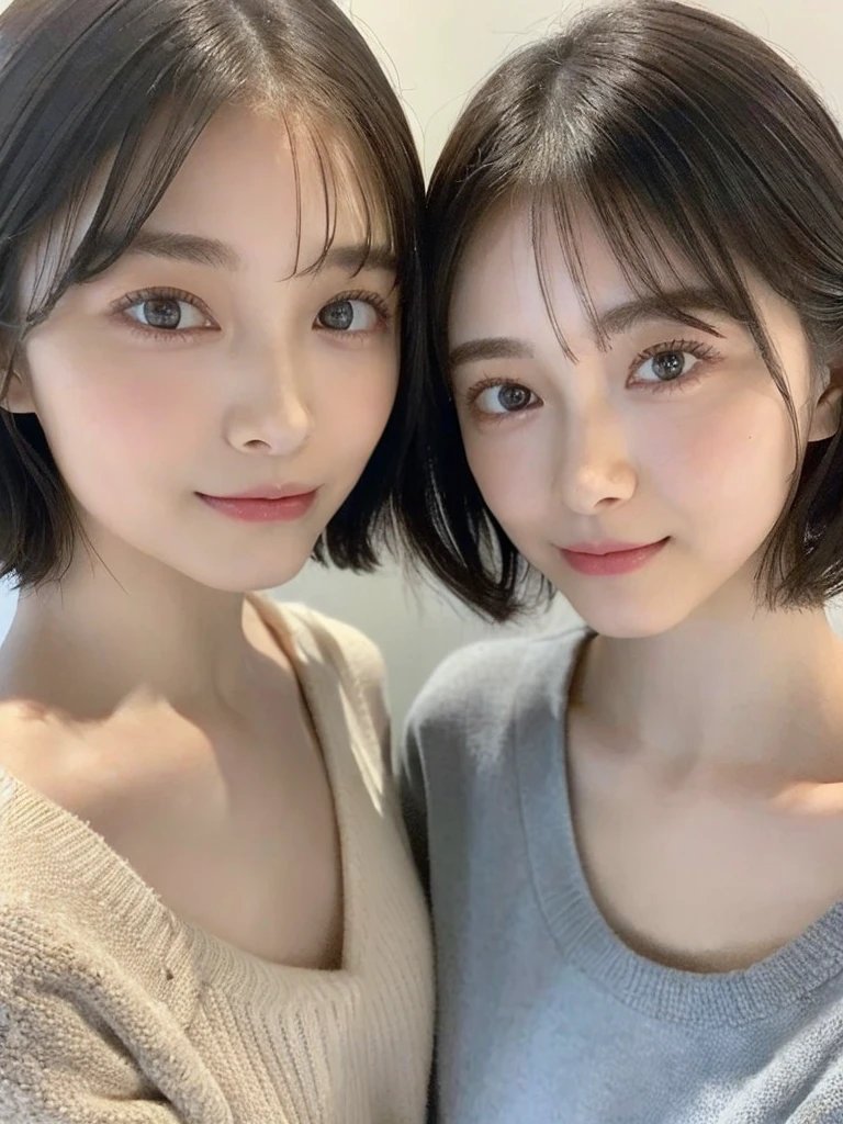(masterpiece:1.3), (8k, Photoreal, Raw photo, best image quality: 1.4), Japanese high school girl、(random hairstyle:1.2)、cleavage:1.5、super detail face、eye for details、double eyelid、chest to chest、sharp focus:1.2、Beautiful woman:1.4、light brown hair、highest quality、masterpiece、超A high resolution、(Photoreal:1.4)、Highly detailed and professionally lit smiles、loose and light knitwear、shoulder out、thin、serious expression、short haired、deadly position
similar identical twins
All the girls have the exact same face, The two have the same face and figure, as if they were mirror images.