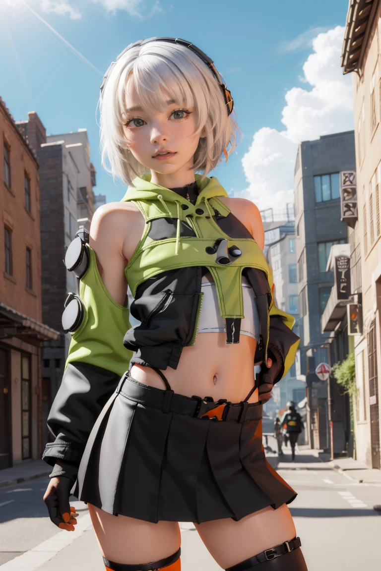 anbydemara, anby demara, (orange eyes:1.5), short hair, white hair,
BREAK bare shoulders, black gloves, black skirt, black thighhighs, fingerless gloves, gloves, green jacket, headphones, jacket, navel, skirt, stomach, thighhighs,
BREAK outdoors, city, sky, clouds, sun, buildings, crowd, people, alley,
BREAK looking at viewer, (cowboy shot:1.5),
BREAK (masterpiece:1.2), best quality, high resolution, unity 8k wallpaper, (illustration:0.8), (beautiful detailed eyes:1.6), extremely detailed face, perfect lighting, extremely detailed CG, (perfect hands, perfect anatomy),