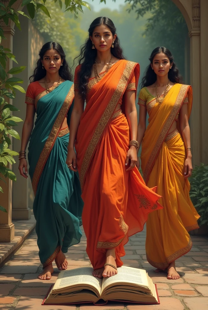 Indian women stepping on book realistic
