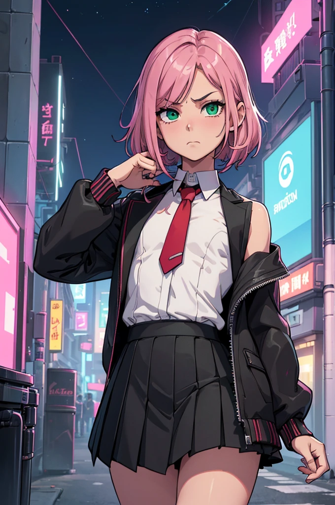 (masterpiece), (best quality), (high res), ((((Solo)))), (perfect anatomy), (young girl (10 years old), fair skin, pink hair (shoulder length), green eyes, (school uniform), white shirt, red tie, black jacket, short black mini skirt, tired, (((flat chest))), in a futuristic setting with a green light, annoyed, cyberpunk, (drinking water), best anime 4k, cybersuits, in her school, (at night), (night), ((((alone))))