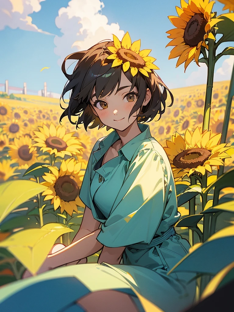 master piece, best quality, for below, cinematic angle, upper body , pigeon toed,
Anime-style Moe illustration, summer vacation theme, 20-year-old woman, sunflower field, short hair,
Picnic Maxi Dress, slightly inner thighs, smile, accurate drawing, Active pose, Active Angle,