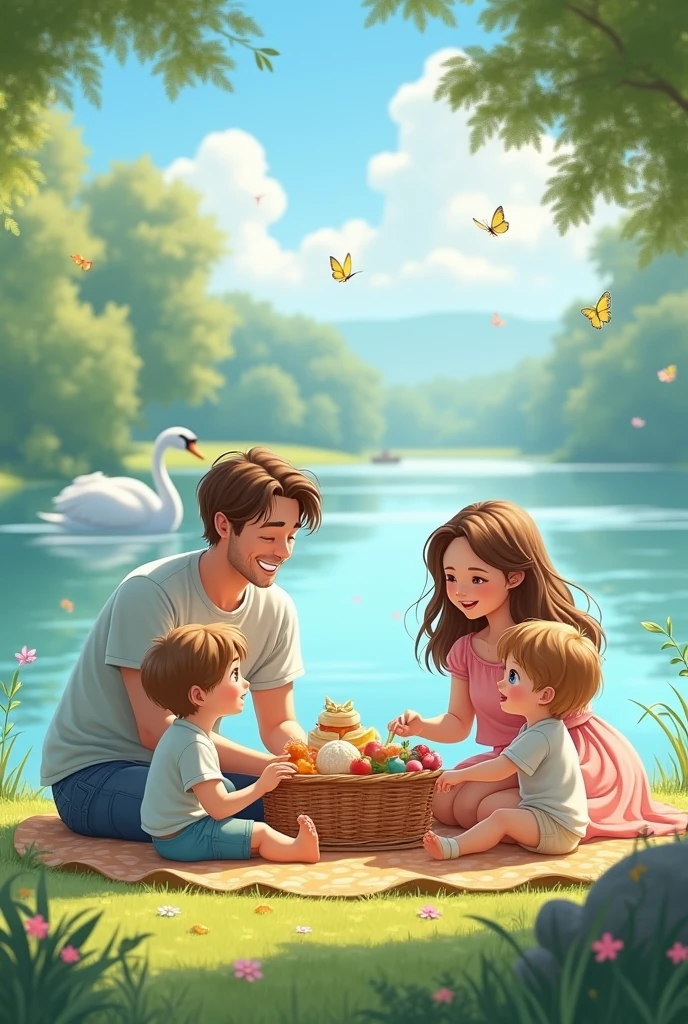 A family of four sits contentedly by a serene lake, where a graceful swan glides past. The man, with light blue eyes and brown hair, leans back on a blanket, smiling at his surroundings. Beside him, the woman with long light brown hair and warm brown eyes, laughs as she helps their two young children. Their son, energetic and curious, is chasing butterflies nearby, while their daughter, playful and shy, helps her mother unpack a picnic basket. The scene is filled with joy, as the family enjoys the simple pleasure of each other’s company in nature.