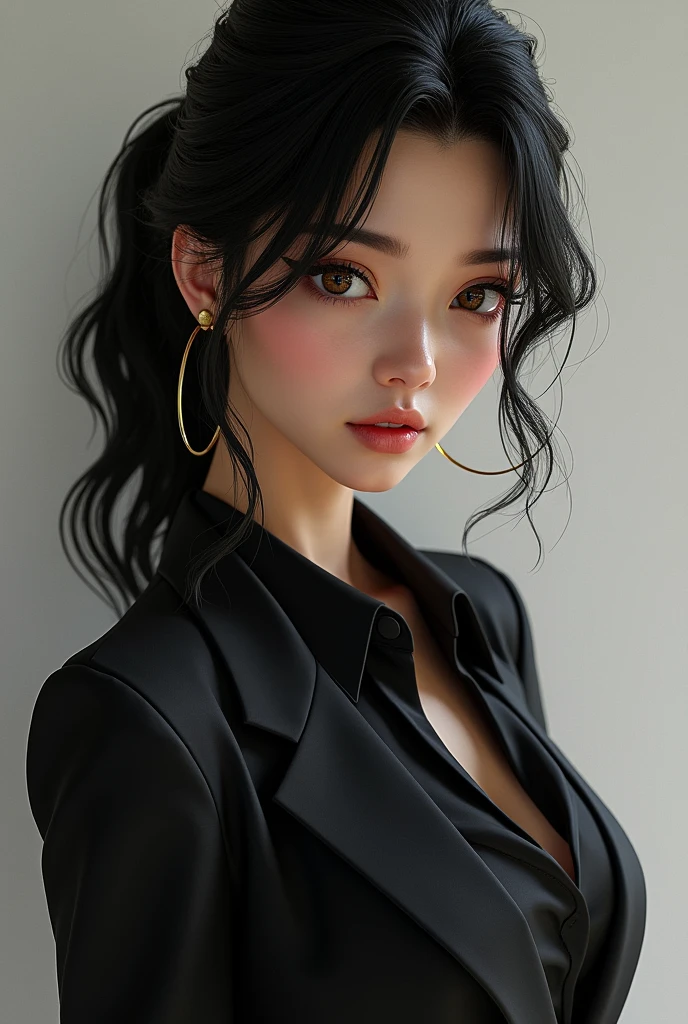 A girl character , glasses with black hair , Brown eyes , haughty look dressed in a suit and looking sensual
