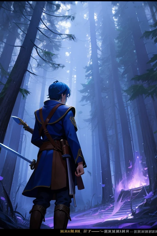 movie poster. Swordsman Team, boy, dressed like an adventurer, the forest, magic, Skills, blue-violet symbol on head, this is a spell