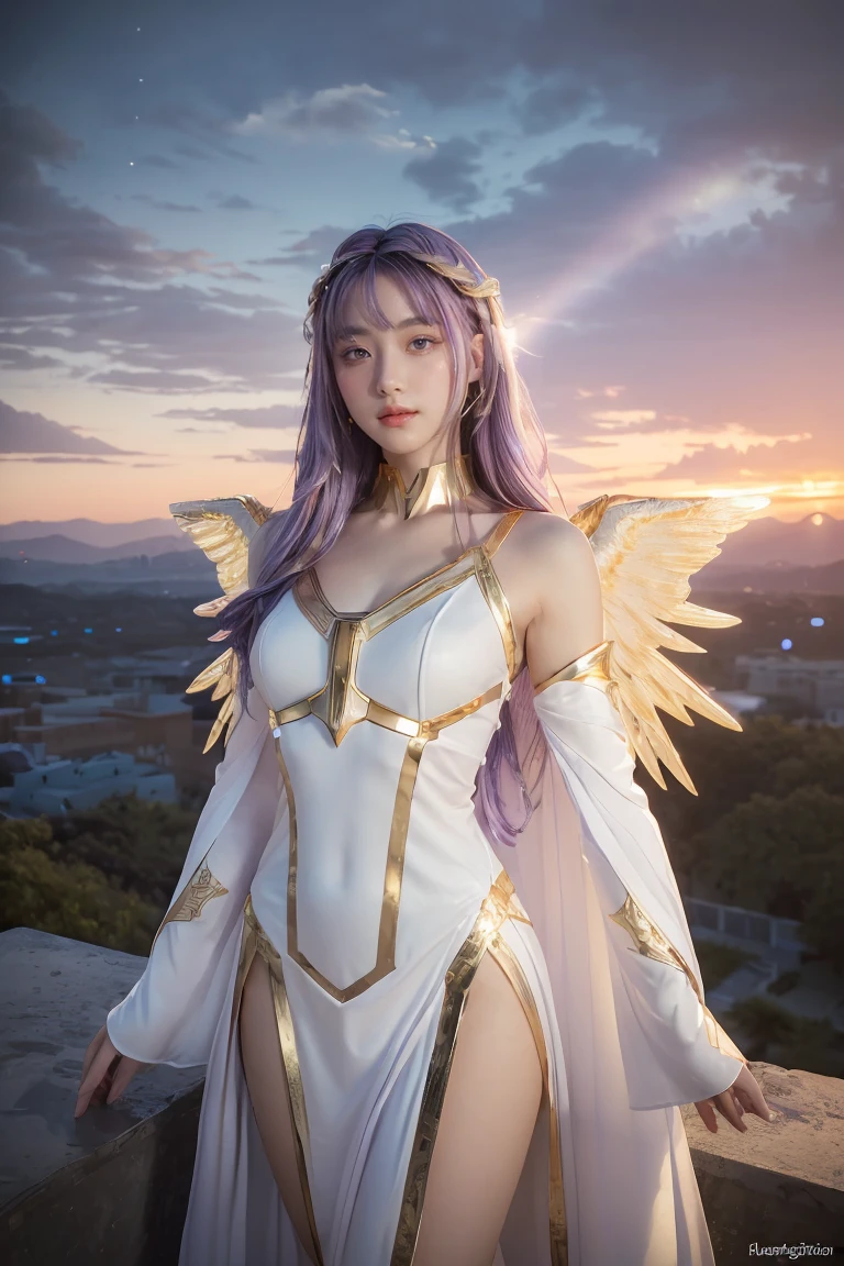 ((masterpiece, best quality, extremely detailed), volumetric lighting, ambient occlusion, colorful, glowing),
1girl, solo, young girl, (purple hair), long hair, halo, aura, sacred, goddess, cleric suit, (white outfit with gold detailst:1.3), angel wings,
outdoors, sunset, sky, clouds, space, (fantasy theme:1.2),