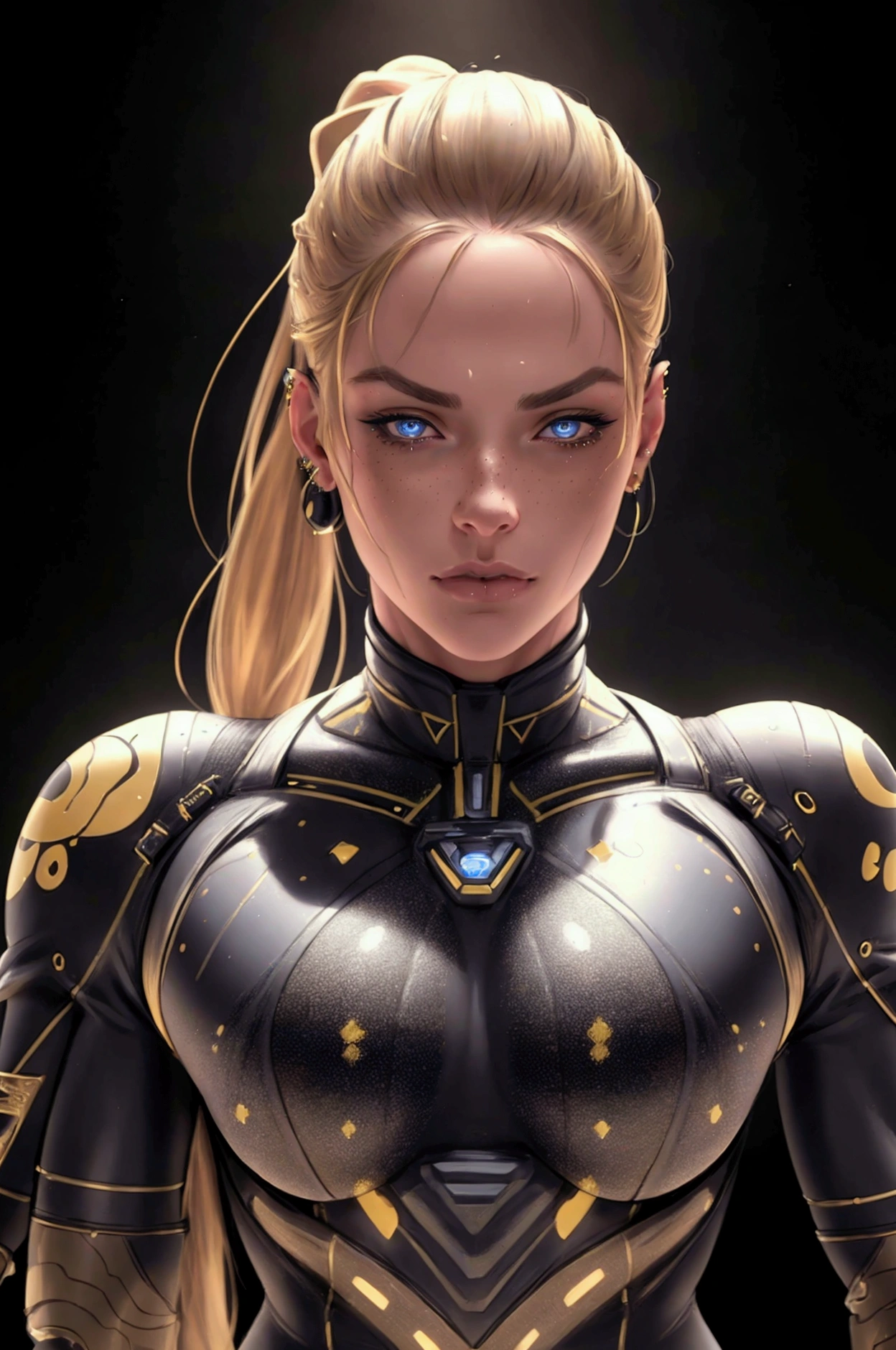 a young blonde girl in a black with gold accent space suit, seductive pose, beautiful detailed face, piercing blue eyes, light freckles, detailed muscular body, ponytail hairstyle, no background, (best quality,8k,highres,masterpiece:1.2),ultra-detailed,(realistic,photorealistic,photo-realistic:1.37),HDR,UHD,studio lighting,ultra-fine painting,sharp focus,physically-based rendering,extreme detail description,professional,vivid colors,bokeh,science fiction,sci-fi