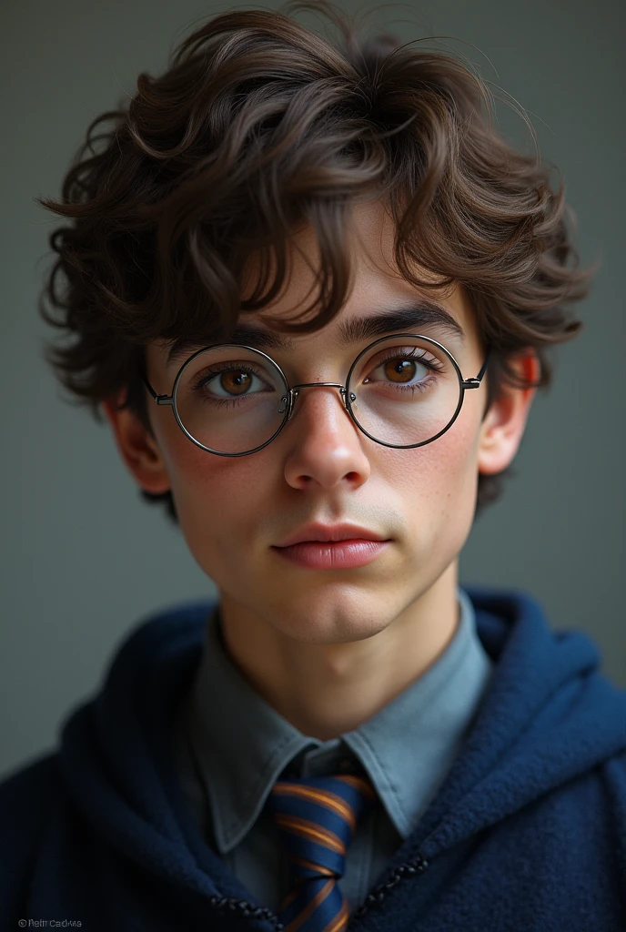 (photorealism:1.2), hogwarts ravenclaw male student, wearing glasses, brown wavy curtain hairstyle, brown eyes