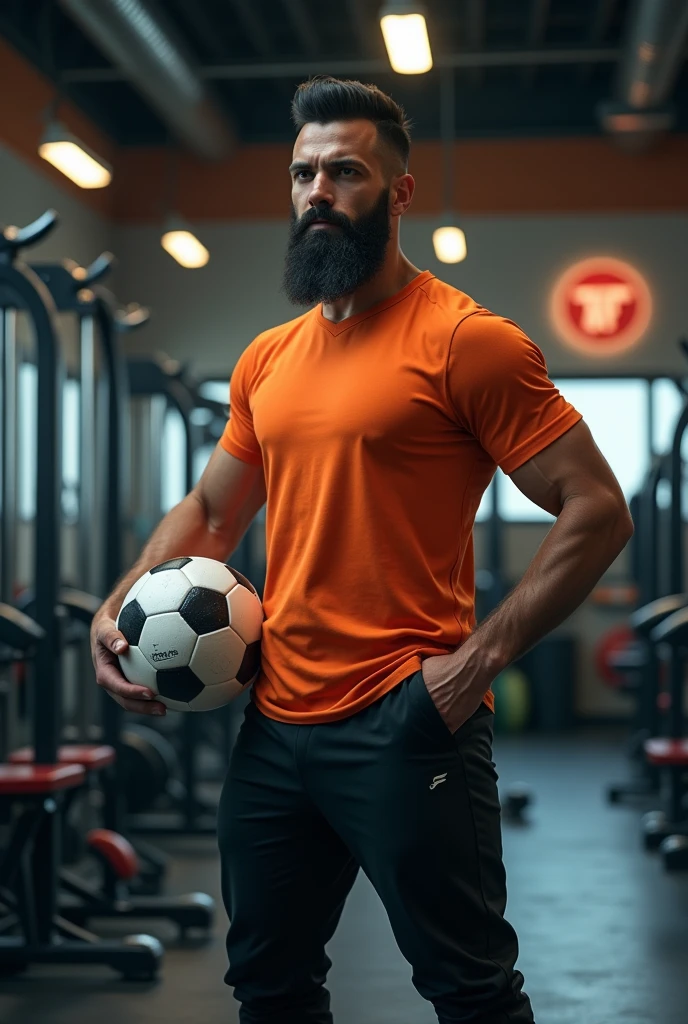 a man wearing black pants and orange shirt with a black beard,standing in front of fitness equipment inside a shop, looking ahead, holding a soccer ball, photorealistic, dynamic lighting, highly detailed, 8k, best quality