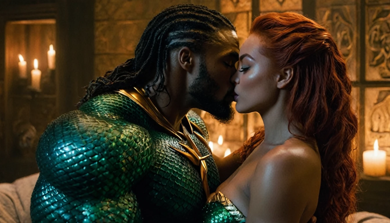 DC Comics' Mera and an African American Aquaman share a steamy kiss inside an Atlantean bedroom lit only by candlelight. Mera is a beautiful Caucasian female with a light white complexion. Mera has lovely makeup on her face. DC Comics setting. Nighttime. Romantic ambiance. Symmetrical eyes. Symmetrical faces. Lovely details. Photorealistic. Full-colored photo. Professional photo. Highly detailed 8K.