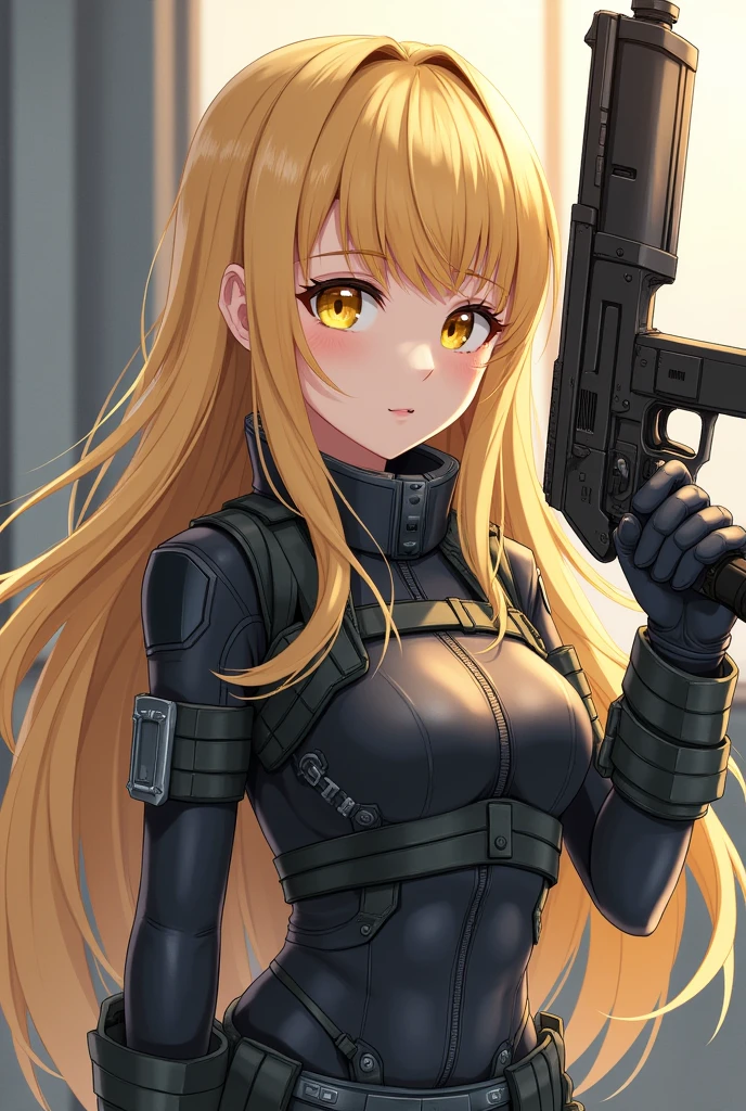 anime girl, sci-fi, military, engineer, pilot, golden eyes, long hair, blonde, advanced weapons