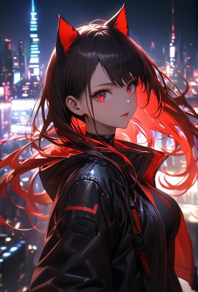Detailed silhouette of a cyberpunk girl with cat ears, Flowing, Red and black jacket, She has a machine red gun., Stand on the glossy, Minimalist Reflective Surface, The background is a realistic cityscape, A big city with many skyscrapers, night, Background Blur、Red eyes