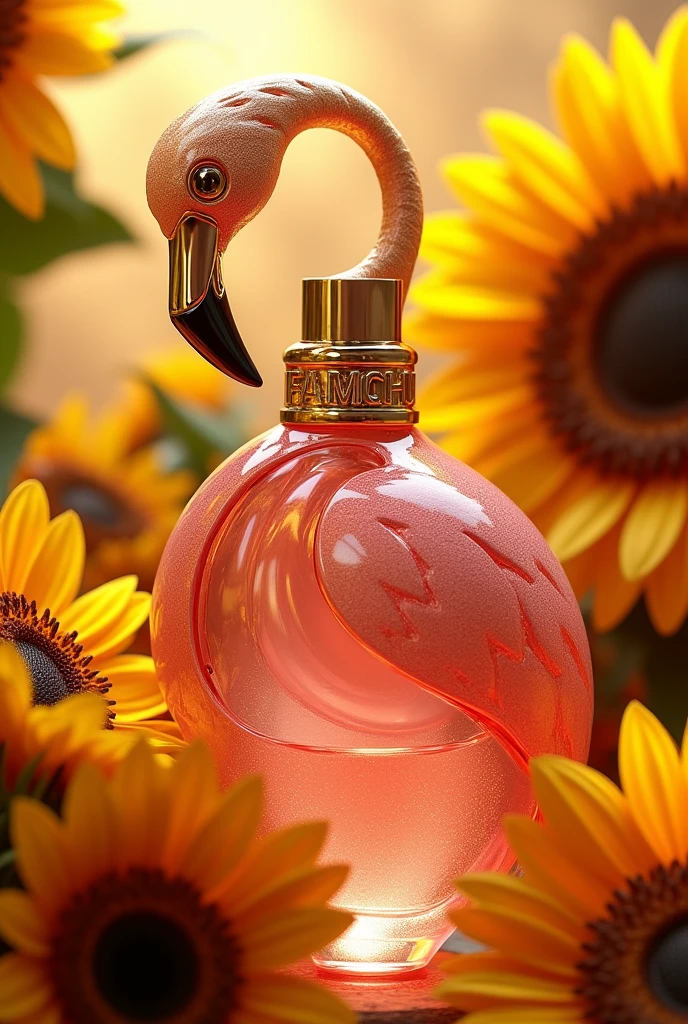 Perfume with flamingo bottle around the elegant and luxury bottle , unique with fruity and sweet notes, flamingo with sunflower flowers 