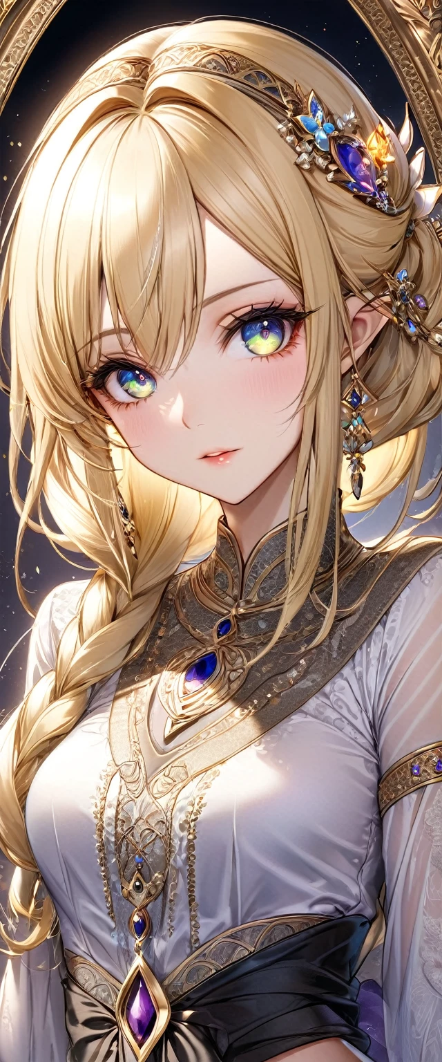 best quality, super fine, 16k, incredibly absurdres, extremely detailed, delicate and dynamic, cool and beautiful pretty elf woman, blonde half-up hairstyle, blonde princess cut hairstyle, blonde hime-cut hairstyle, captivating look, aroused expression, tall and stylish, Arabian style outfit, wonderful effects that highlight the subject, gorgeously decorated frame, gorgeously decorated picture frame, transparent translucent glowing iridescent eyes