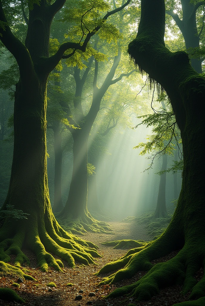 Ancient forest, moss-covered trees, sunlight dappling, ethereal.