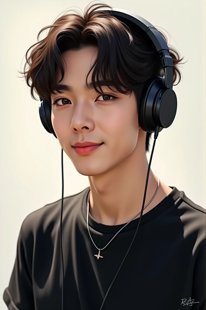 Jungkook from bts with headphones, wearing a black t-shirt