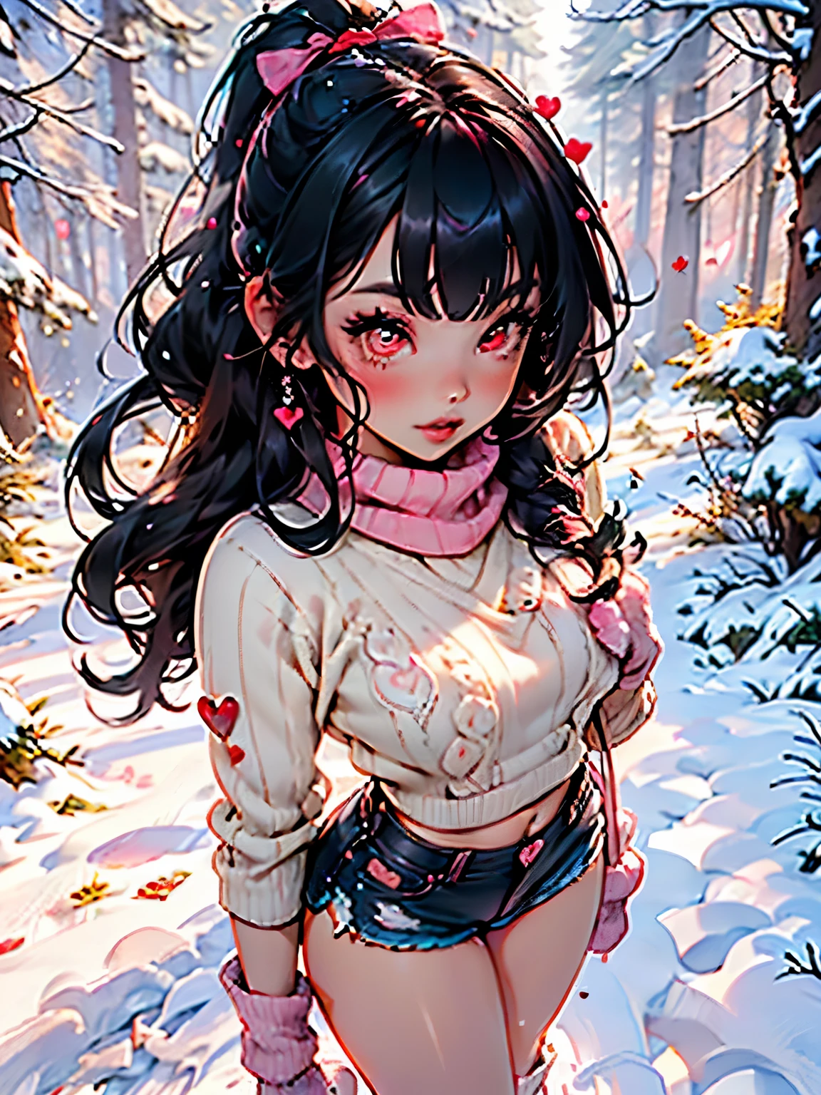 explorer girl,1girl,((extremely cute and beautiful black haired explorer girl)),(((18 years old))),(large breasts:1.4),((((black hair:1.35,absurdly long unkempt hair,ponytail black hair,bangs,colored inner hair,ear breathing)))),(((red_eyes:1.3))),intricate eyes,beautiful detailed eyes,symmetrical eyes,((((lustrous skin:1.5,tanned skin,bright skin:1.5,skin tanned,shiny skin,very shiny skin,shiny body)))),(spider lower abdomen,narrow waist,wide hip,athletic body,inflated legs,thick thighs,detailed body,(detailed face)),((heart pupils:1.5,heart:1.3,hearts:1.3,heart marks:1.3)),(ahegao face:1.5),(cat ears)

cute,slutty,seductive,erotic,(nsfw),

((large white socks:1.5,socks texture must be natural)),((deep V sweater:1.5)),((no bottoms)),((white mittens:1.5,white scarf:1.5),((navel)),((shorts,short shorts,denim shorts)),(((unzipped, open fly))),

(dynamic pose:1.0),embarrassed,(centered,scale to fit dimensions,Rule of thirds),

((snowy pink cherry forest:1.5,pink theme forest:1.5)),winter,scenery:1.25,((intricate scenery)),((snow forest background)),Christmas tree,

(Glossy winter ornaments),highres,sharp focus,(ultra detailed,extremely detailed),(photorealistic artwork:1.37),(extremely detailed CG unity 8k wallpaper),(((vibrant colors,vibrant theme))),(intricate),(masterpiece),(best quality),
