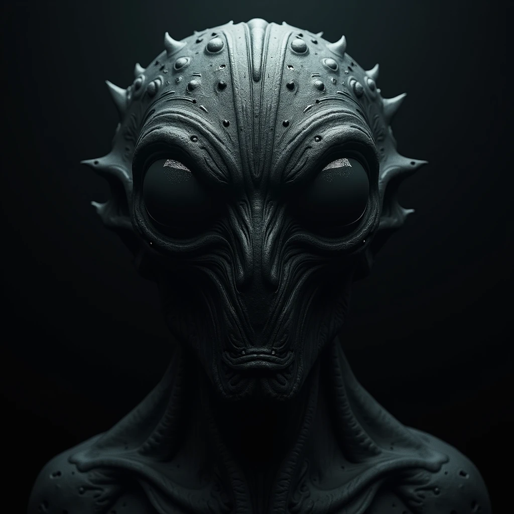 Giant black-eyed monster head,
 on a black background, that covers the entire image 