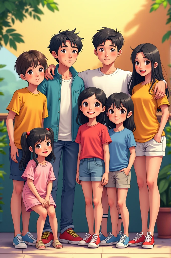 Five brother and four sister group picture casual colourful dress
anime cartoon