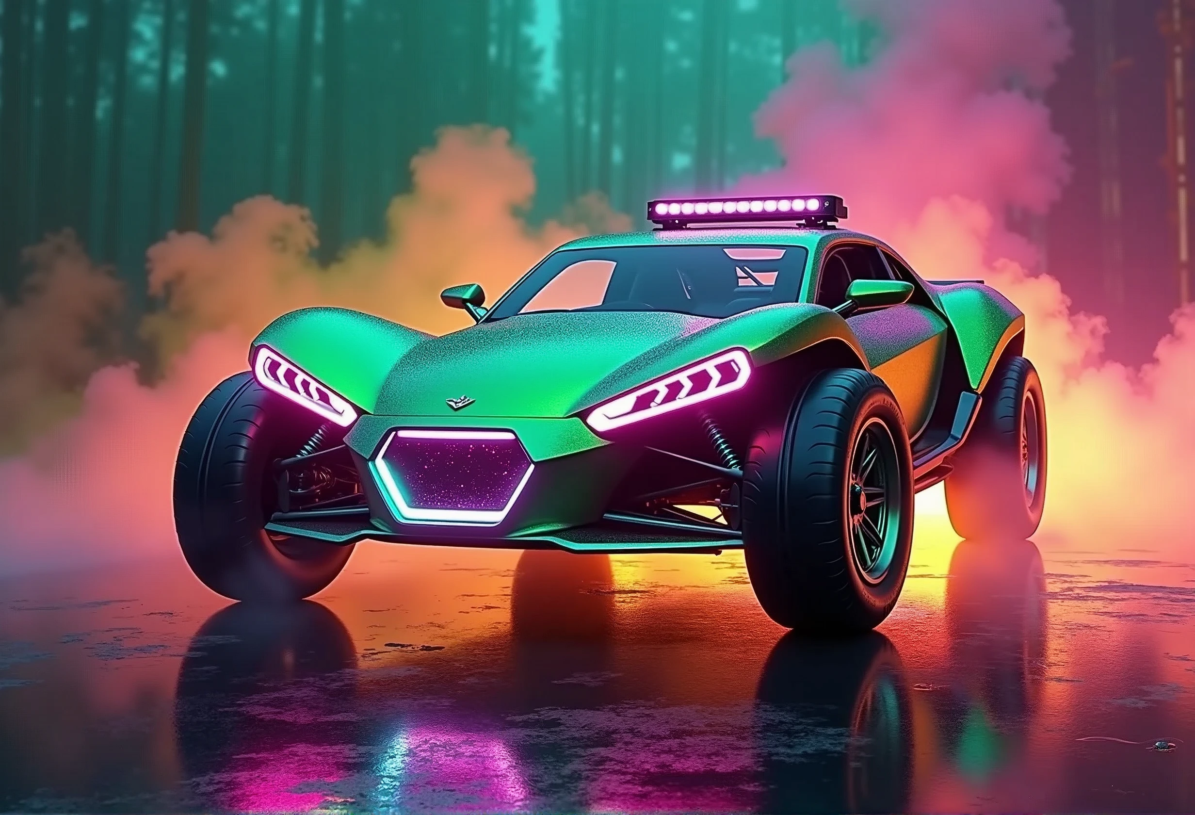 front view, ultra realistic, of a green ariel nomad with headlights on, a light bar on the roof shining bright beams of white light , background of colorful smoke, 8k stunning artwork, vapor wave, neon smoke, hyper colorful, stunning art style, car with holographic paint, amazing wallpaper, futuristic art style, 8 k highly detailed, 4k phone wallpaper, inspired by Mike Winkelmann, ,H effect