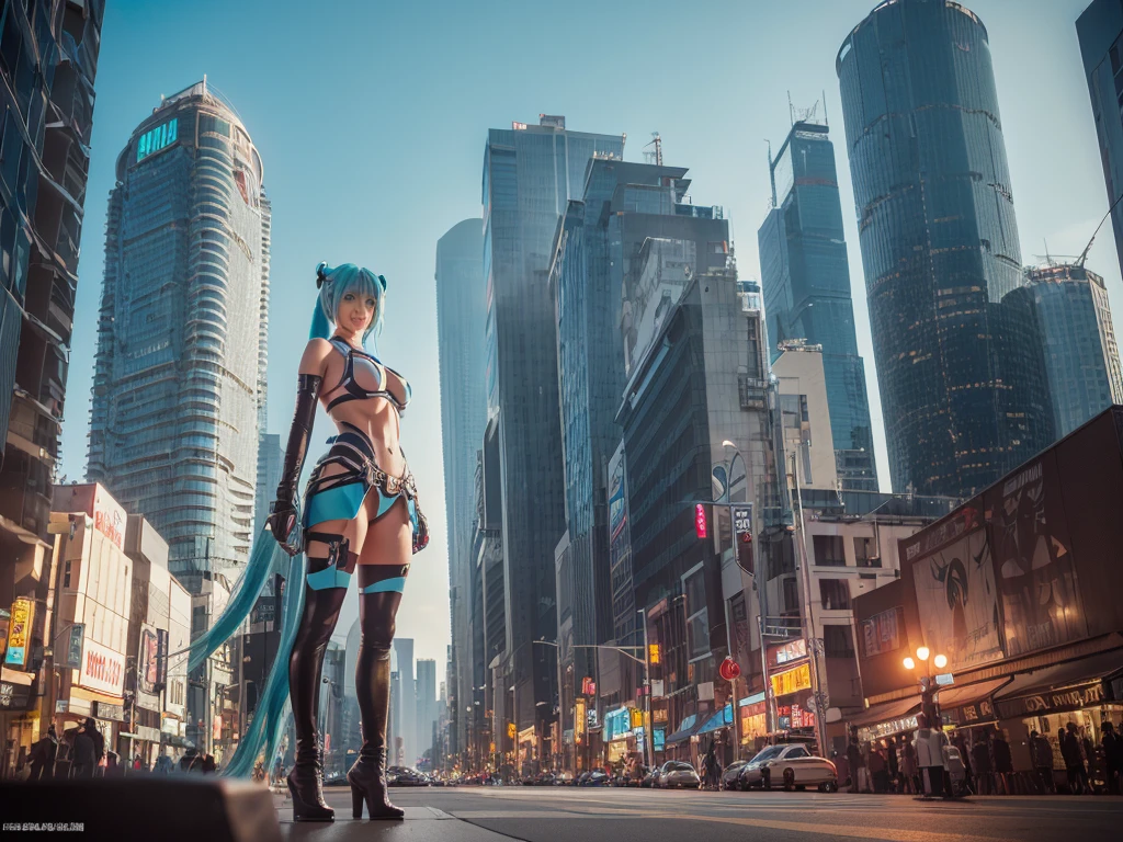 ((Colossal Titan Art、8k、Realistic、Hatsune Miku、Cosplay、Japanese women、Cosplayイヤー、Cute Smile、Big Breasts、非常に緻密なColossal Titan Art、Much larger than a skyscraper、very small metropolis, Miniature metropolis, 靴の高さ未満のMiniature metropolisで、A supergiant who crushes cities with his shoes、A gigantic girl of unimaginable size、Full body description、giga giantess, tera giantess, peta giantess、Crush City、Small Town、Micro City、The supergiant walks、high top view))、 (Alter ego art、8k、Realistic、Hatsune Miku、Cosplay、Japanese women、Cosplayイヤー、Cute smile、Big Breasts、非常に詳細なAlter ego art、hatsune-miku one girl clones, 1 girl is cloning, 10, 100, 1000, 10000, 100000, 10000000, 1000000000000)