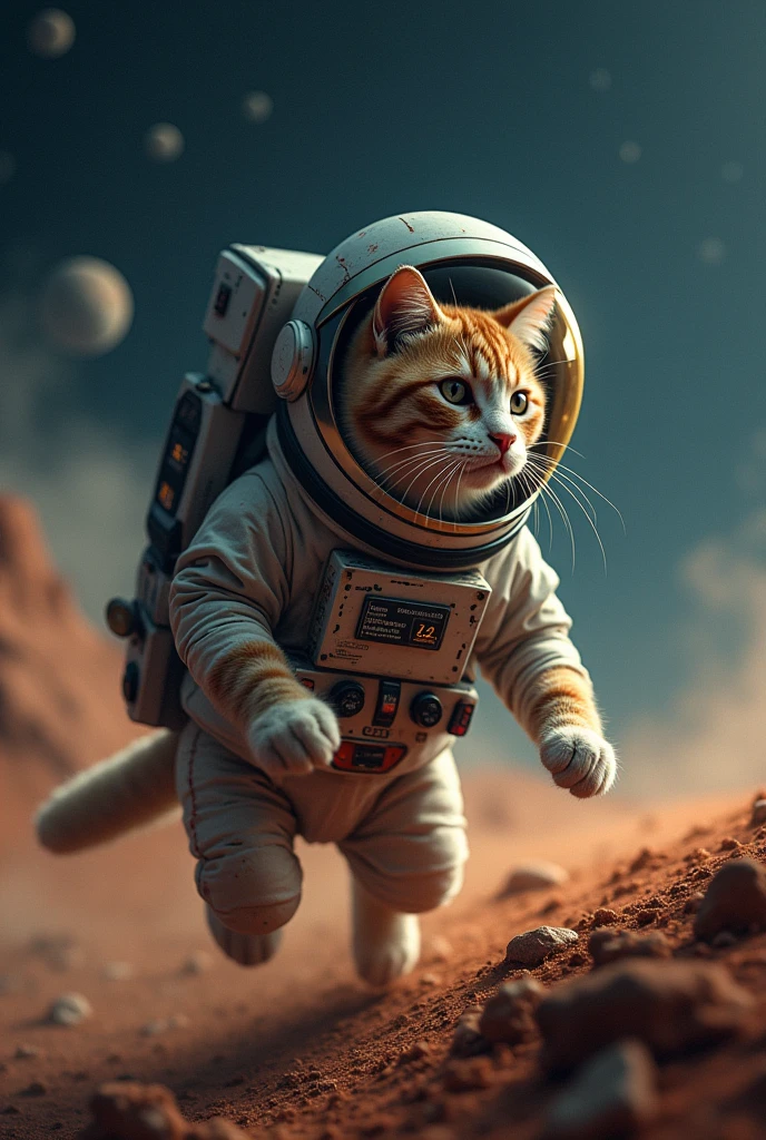 Photographic Ultra-Realism　Night Scenery　Flying Space Cat２Animals　Covered in scars　((Helmet))　A cat operating a machine on Mars　Strong winds