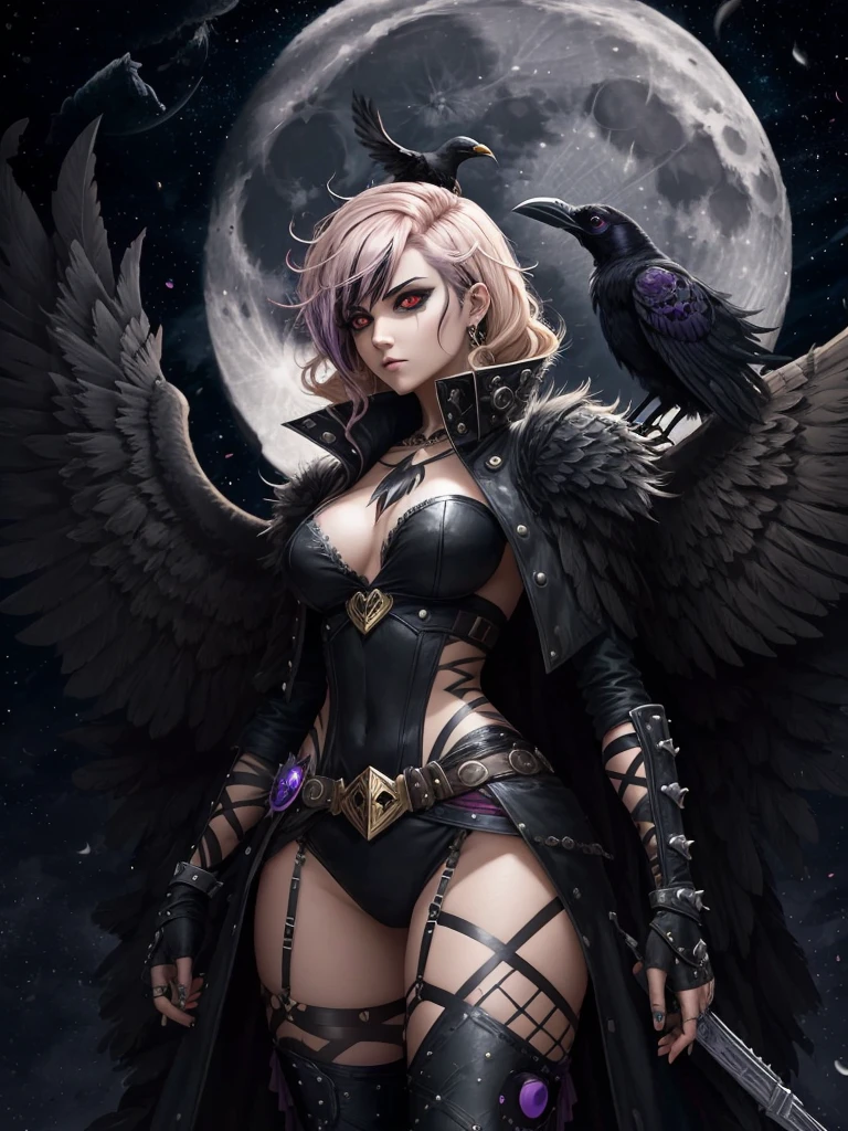 Dark harlequin with light hair and raven wings stands against the moon , Punk style