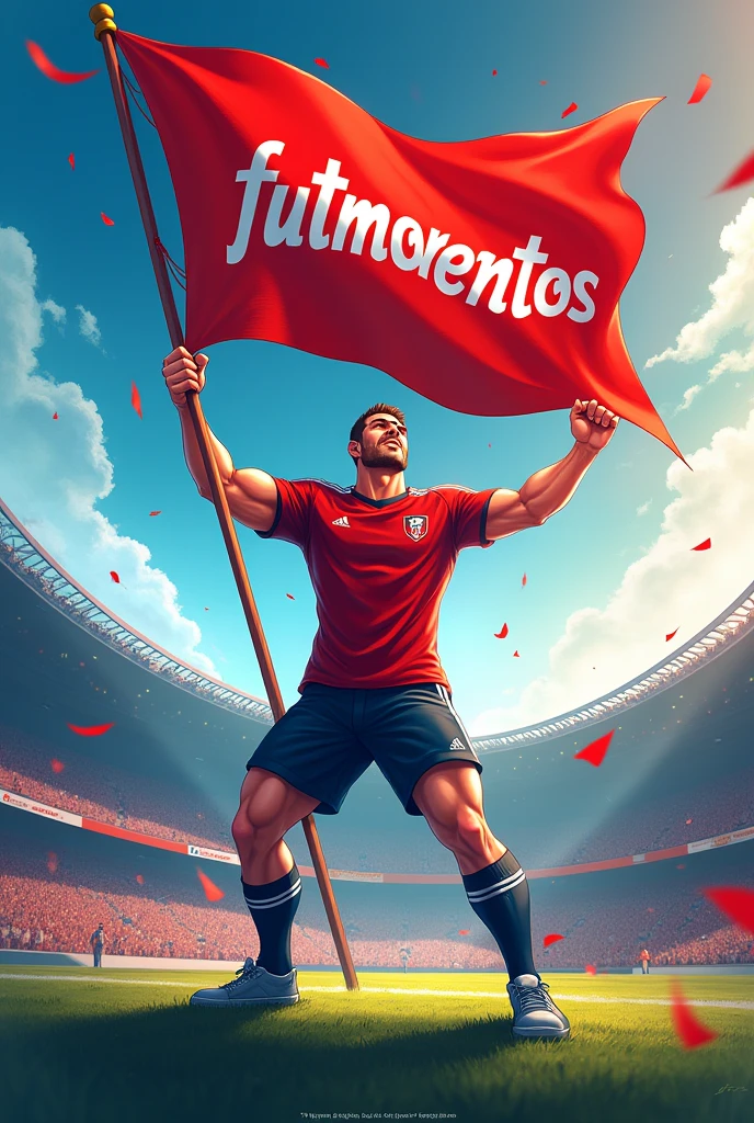 Create a banner of a player holding a flag with futmomentos written on it