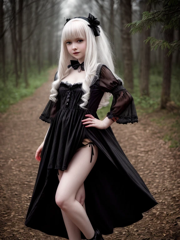 female sexy vampire|albino, pale porcelain skin, sexy vintage black dress, (8 , loli:1.5), smile, (dress lift, black panties:1.6), shallow depth of field, grin|creepy, nightfall, detailed face, night, wide hips, narrow waist, portrait of woman standing, detailed eyes, portrait of woman standing, 8k RAW photo, highest quality, looking at the viewer, best shadow, intricate details, long hair, bright eyes, forest, grave, gothic, goth detailed, highres, high qualilty, high saturation