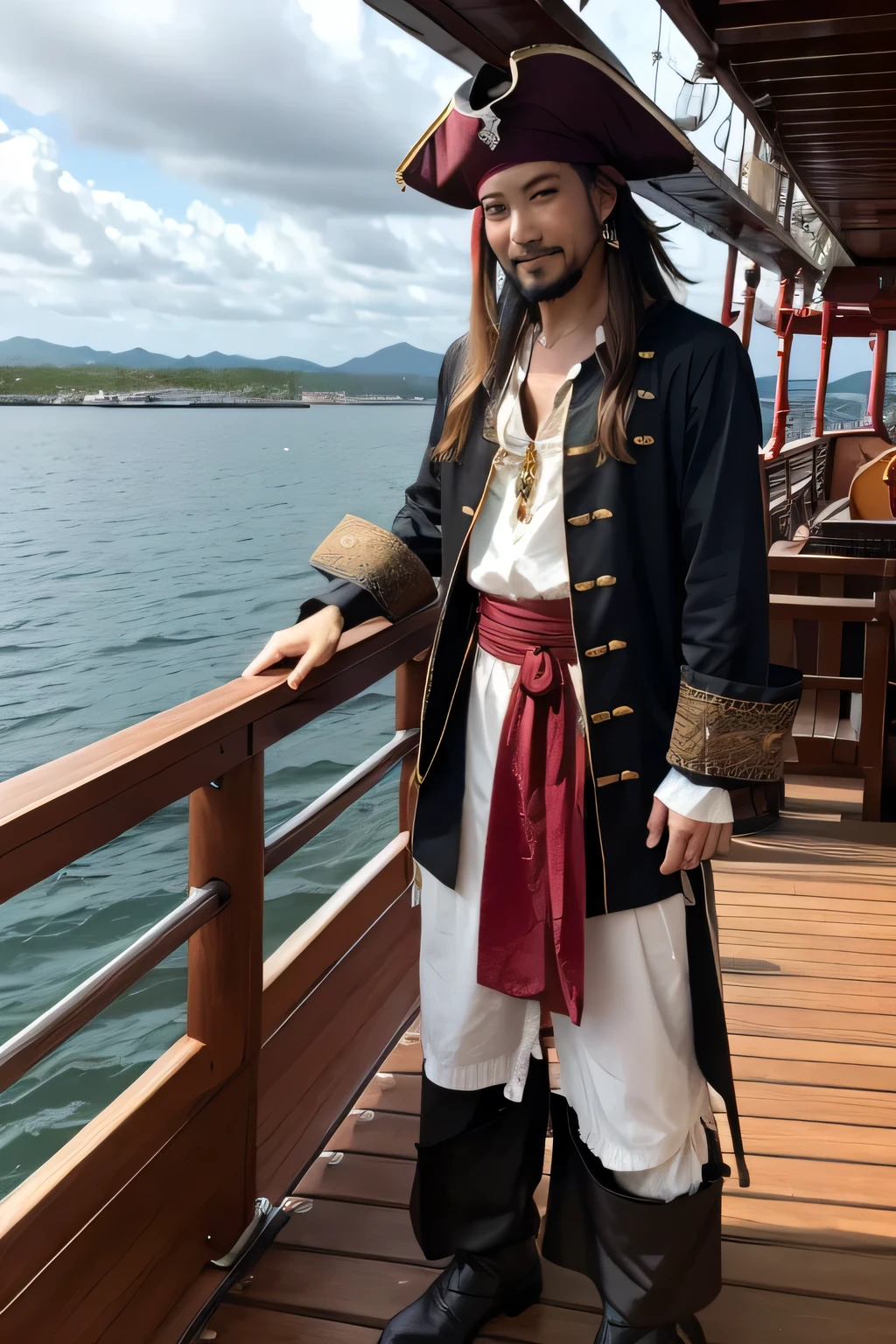 On the deck of the ship,pirate man, pirate manの手にはサーベル