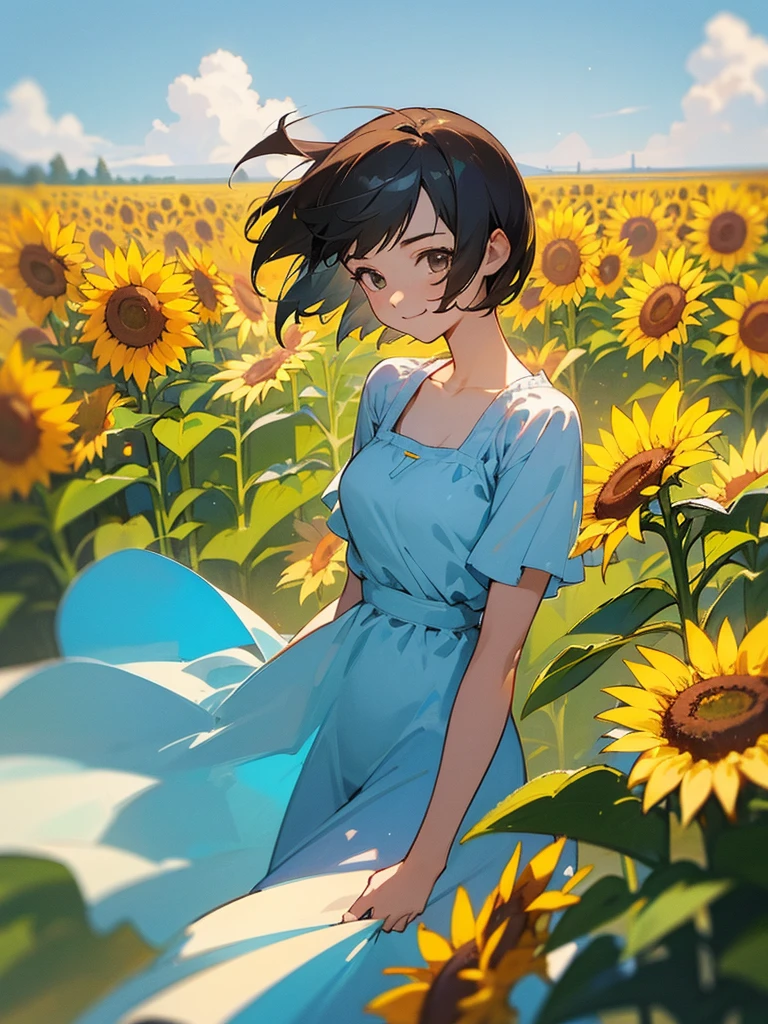 master piece, best quality, for below, cinematic angle, upper body , pigeon toed,
Anime-style Moe illustration, summer vacation theme, 20-year-old woman, sunflower field, short hair,
Picnic Maxi Dress, slightly inner thighs, smile, accurate drawing, Active pose, Active Angle,