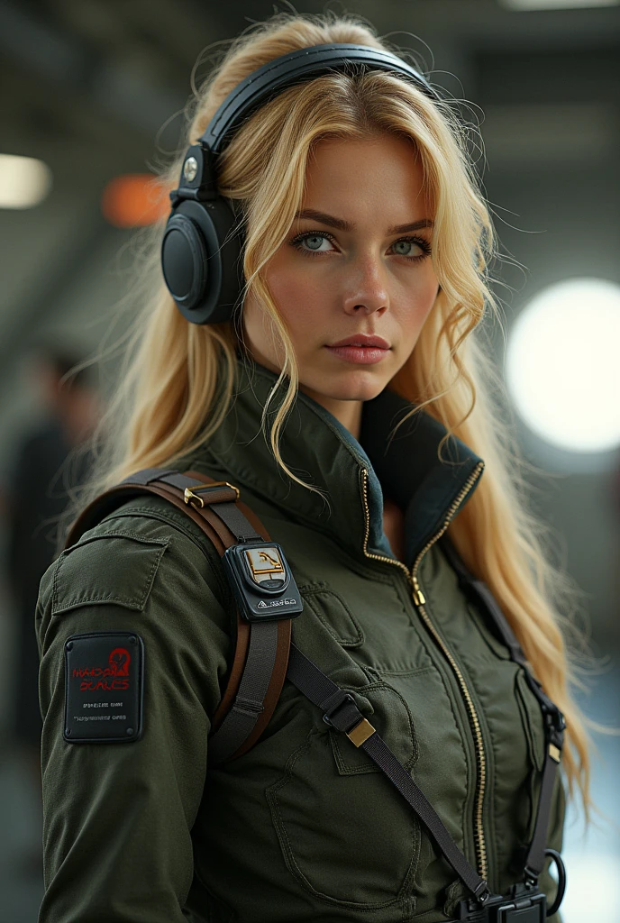 woman, sci-fi, military, engineer, pilot, golden eyes, long hair, blonde, advanced weapons