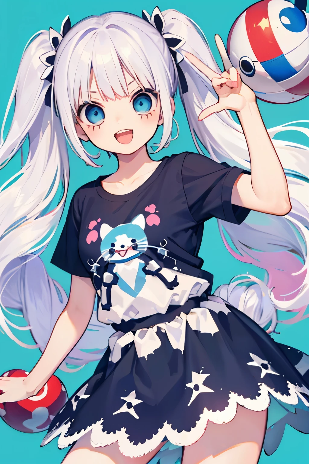 Circus motif,((cute,kawaii)),(A big smile with an open mouth),(White hair),(LightBlue eyes:1.25),(short sleeve lacedress:1.2),(volume and long hem:1.1).