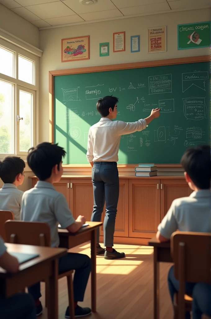 Show a Teacher writing on a chalkboard while students listen attentively