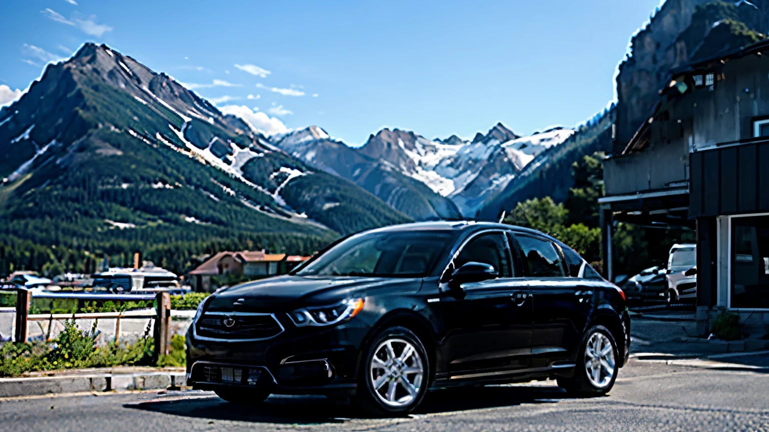 8K, Ultra-high resolution, best quality, masterpiece, Small building surrounded by mountains，(A black sedan is parked in front of the building: 1,6)